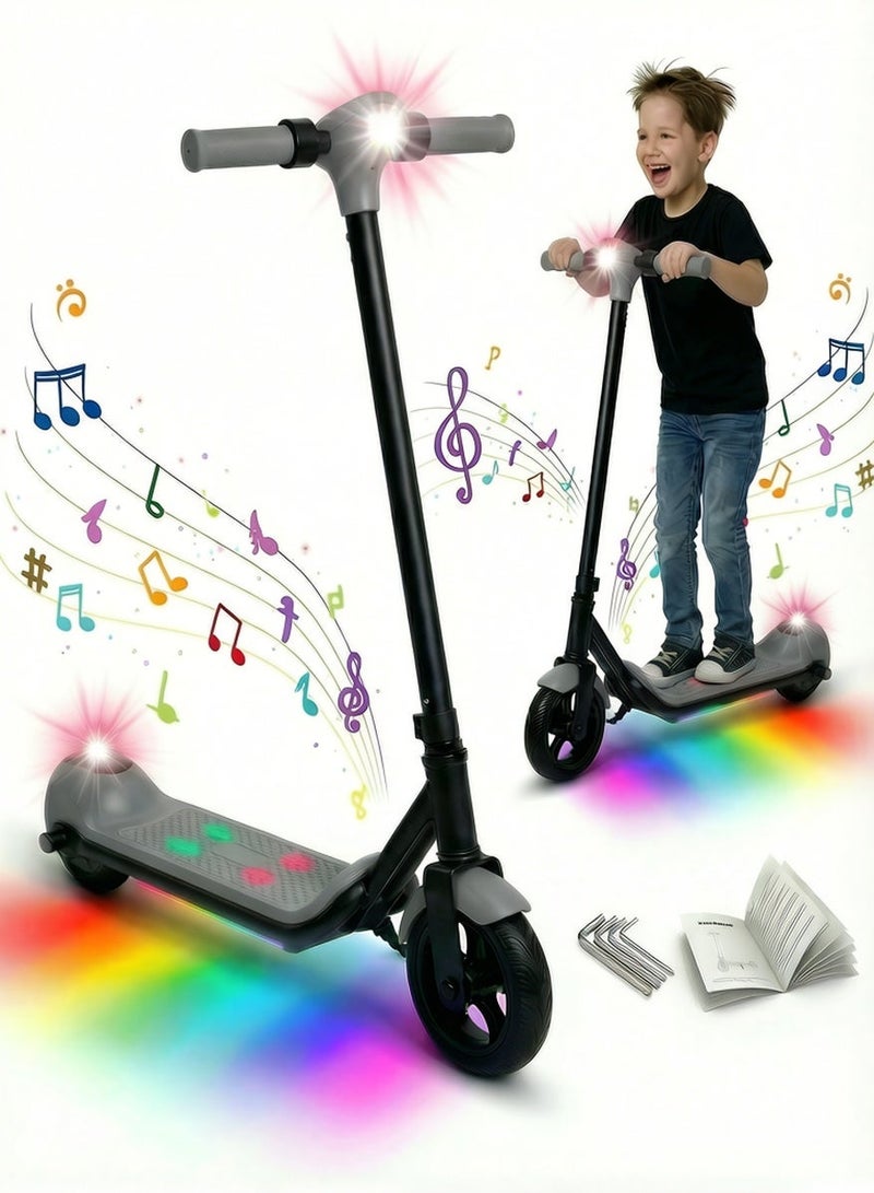 MAGIC VAULT Kids Electric Scooter with Bluetooth Speaker & LED Lights – Foldable E-Scooter for Boys Girls Ages 6-14, 14 km/h Speed, 24V Rechargeable Battery, LED Display, Electronic Brake, Adjustable Height, 6.5 Inch Wheels, RGB Colorful Deck Lights, Gift for Children – Grey - Image 1